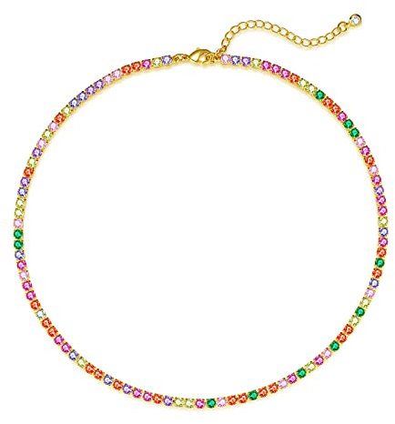 Luxval Collier de tennis pour femme plaqué or 14 carats multicolore arc-en-ciel avec oxyde de zirconium - Collier délicat - Chaîne de tennis en or pour femme - Cadeau idéal - Doré, Or, Zircone