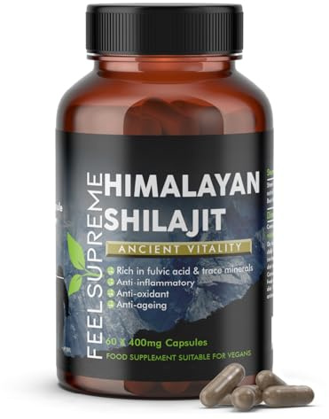Feel Supreme - Himalayan Shilajit Capsules - 100% Pure and Natural, Tasteless - Rich in Trace Minerals, Iron, Fulvic and Humic Acid - Shilajit Supplement - 60 x 400mg