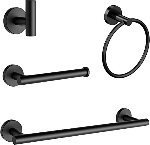 Ecoodisk Badezimmer -Hardware -Set, 4 -teiliges Edelstahl Schwarz Matt Badezimmerzubehör Set Wall -Handtuch Haken, Toilettenpapierhalter, Handtuchring, Badetuchschiene
