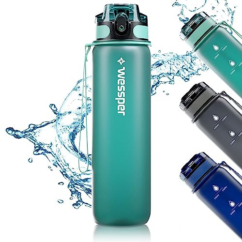 Wessper Bouteille d'eau Gourde Sport 1 Litre Menthe Bouteille Reutilisable en Tritan sans BPA | Water Bottle avec Filtre et Marqueur de Temps pour Fitness & Enfant & Adulte | Gourde Motivation