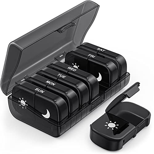 Organizador semanal extra grande de píldoras 2 veces al día, caja de píldoras abierta de un solo lado 7 días para un fácil llenado, protección de privacidad negra AM PM píldoras para vitaminas,