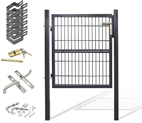 Gimisgu Puerta de jardín, 120 x 100 cm, de acero galvanizado, resistente y duradera, para valla de barra, incluye tirador y 3 llaves, color antracita