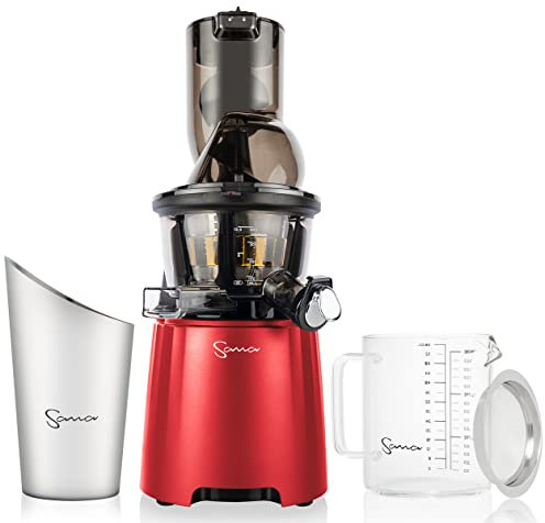 SANA Wide Mouth Premium Cold Pressed Vertical Juicer | Patented Trap Door System | Includes 2 Premium Accessories | 240W High Torque Motor | 15 Year Warranty (Red)