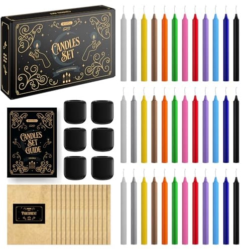WYSPELL 36 Colored Spell Candles | 5 x 1/2 | Taper Candles Kit for Witchcraft & Decor | 6 Chime Candle Holders | Wiccan Supplies & Candlesticks Set
