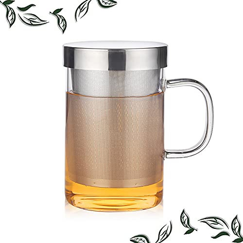 Taza de Té de Vidrio Borosilicato Con Filtro y Tapa de Acero Inoxidable - Vaso Para Preparar Té a Granel y Perfumado (500 ml / 17,6 oz)