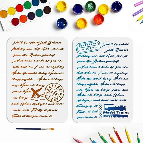 MAYJOYDIY 2 Stück Schreib Schablone 21 × 29.7cm Vintage Postkarten Stempel Muster Schrift Malvorlage Wiederverwendbare Vorlage Mit Pinsel Zum Bemalen von Wänden Möbeln Holz Stoff Papier