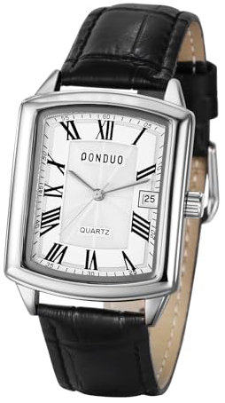 JewelryWe Uhren Herren Leder Rechteckig: Klassische 30m wasserdichte Datum Kalender Analog Quarz Armbanduhr Männer Schwarz Leder Armband Uhr mit Weiß Rechteckigem Römischen Ziffern Zifferblatt