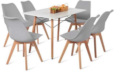 H.J WeDoo Esstisch-Set mit 6 Stühlen, rechteckiger Esstisch 110 cm, geeignet für Esszimmer, Küche, Wohnzimmer | weißer Tisch + graue Stühle