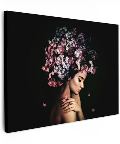 MuchoWow© Bild auf Leinwand 80x60 cm Schlafzimmer Bilder Wand Deko Wohnzimmer Modern Wanddeko Bilderwand Geschenk Frau - Kunst - Blumen - Schwarz - Rosa
