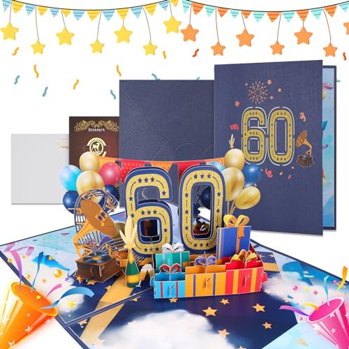 JIANTA Geburtstagskarte 60 Geburtstag, 3D Pop Up Karte 60. Geburtstagskarten für Frauen Männer Freunde Geburtstagsgeschenk mit Umschlag