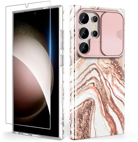 SHEDEER Coque pour Samsung S24 Ultra avec Coulissante Protection de la Caméra& Verre Trempé, Coque pour Galaxy S24 Ultra IMD 3D Motif Double Face, 360 Protection Anti Choque, Paillettes, Or Rose