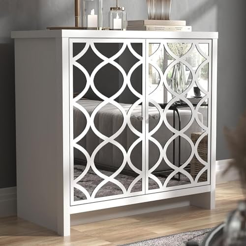 Galano Ilse Sideboard mit 2 Türen – Höhenverstellbare Ablagen Buffetschränke – Elegante Lasergeschnittener Spiegel Kommode - 39.8T x 79.0B x 77.6H cm - Weiß
