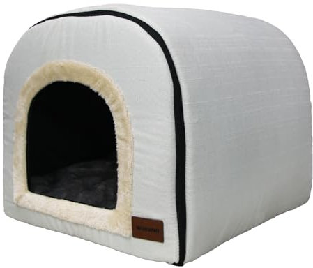 Whiwhi Katzenhöhle für Drinnen Katzen Höhlenbett mit Plüsch Katzenkissen Schlafhaus Haustierhaus Faltbares Hundehöhle 45x35x35cm(Beige)