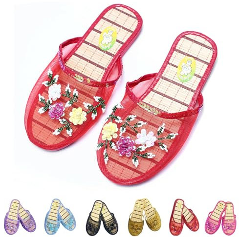 Argumub Pantoufles chinoises pour femmes, pantoufles chinoises en maille pour femme, pantoufles d'été en maille creuse florale, Rouge, 39 EU