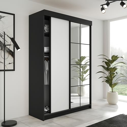KIER FURNITURE Schiebegarderobe LAMARO mit Spiegel - Schrank Schlafzimmer - Schlafzimmerschrank - Wardrobe Bedroom - Kleiderschränke - Kleiderschrank - 167x205x59cm - Schwarz & Weiß