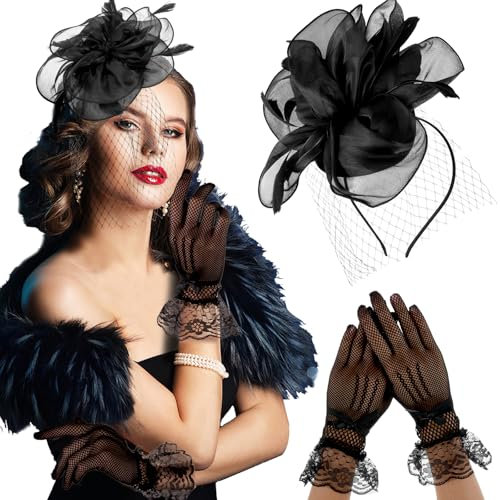 Sibba Fascinator Hut Damen Pillbox Hüte Stirnband mit Spitze Handschuhe Mesh Blume Feder Haarband Vintage Kopfschmücke Schleier Brautschmuck Haar Clip Cocktail Headwear für Tea Party Karneval Stil B