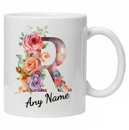 Personalised Mug Cup Watercolour Beautiful Floral Initial Name Tea Coffee Boxed Gift Christmas Gifts for Her Drinkware Ceramic (Letter R)