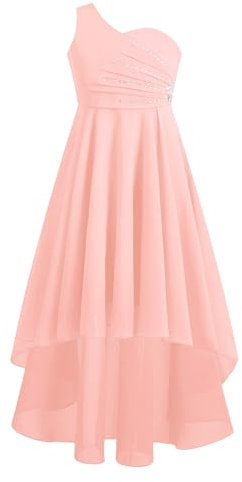 Runhomal Bambina Vestito da Damigella d'Onore Monospalla per Ragazza Abito da Cerimonia Senza Manica Abito da Festa di Compleanno Nuziale Principessa Matrimonio Nozze Rosa 15-16 Anni