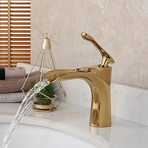 WVRWFDLW Polnischer Stream-Auslauf-Waschtischarmatur aus massivem Messing, Waschbecken-Wasserhahn, Deckmontage, Wasser-Mischbatterie, vergoldeter Badezimmer-Wasserhahn, golden(2)
