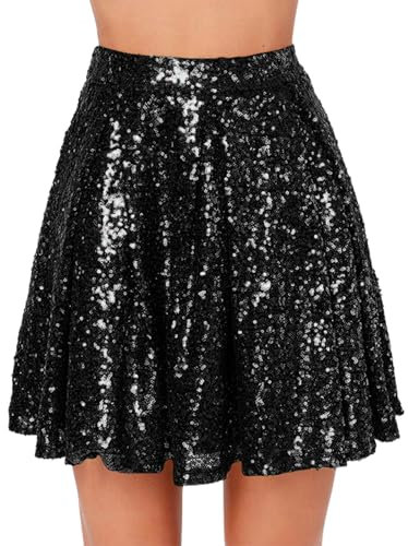 Pailletten Rock Damen Glitzer Rock Minirock Glitzer Pailletten Karneval Rock Goldener Rock Petticoat kurz Mini Rock Faltenrock Stilvoll Glitzer Rock Hohe Taille Metallischer Glocken Tanz (d-Black, M)
