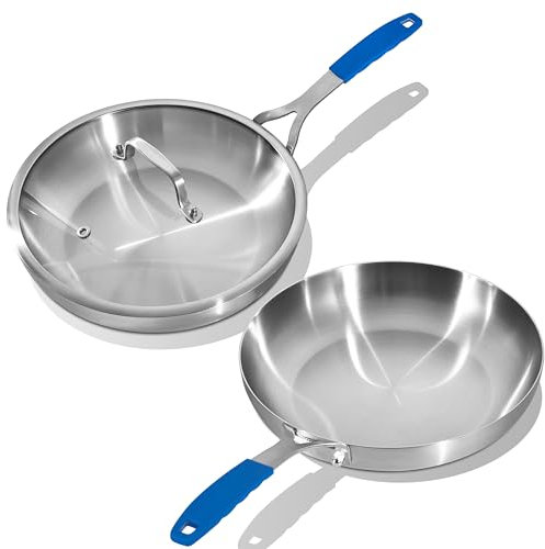 Inqibee 8.5-12 Inch Tri-Ply Stainless Steel Frying Pans with Lids,Skillets,Induction Cooking Pan Set,Dishwasher and Oven Safe,Detachable Handle