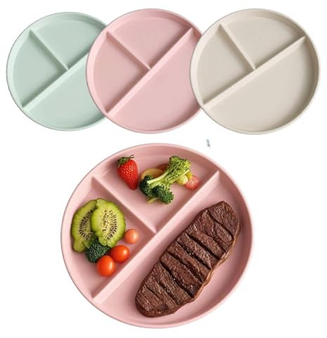 LJYING 9 Inch Divided Dinner Plates 3pcs - Reusable Unbreakable Portion Control Microwave & Dishwasher Safe, Deep Dish Design for Picnics & Diets, Lightweight (Light Colour, 3 Pack)