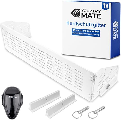 Herdschutzgitter Kindersicherung, 45 bis 70 cm ausziehbar, in Weiß, Set mit Backofentür Babysicherung, Herdschutz Gitter mit Scharnier-Seitenflügeln, zusammenfaltbar und verstaubar, Kochfeld Abdeckung