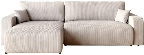 BROMARKT Sofa mit Schlaffunktion Couch L Cordstoff Sofa Bettkasten Schlafsofa für Wohnzimmer freistehend PUMI L Relaxsofa 3 sitzer 274x148x82 cm Vanilla
