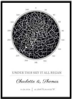 Personalisierte Sternenkarte–Individueller Sternbildkartendruck,ungerahmt/mit Alurahmen–Wandposter mit Sternenkarten für besondere Anlässe–Jahrestage,Verlobungen,Geburten oder romantische Hochzeiten