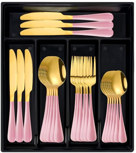 24-Piece Silverware Set with Organizer, Stainless Steel Flatware Cutlery Set with Non-Slip Handle, Mirror Polished Tableware Utensils Set for Home Restaurant (Pink)