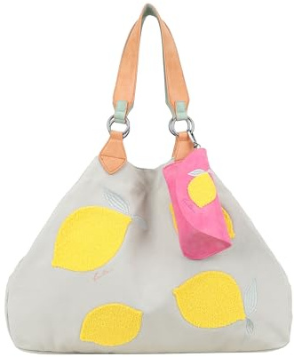 Fritzi Izzy Medium Limited Squeezy Lemon Shopper Schultertasche mit Druckknopf und dekorativen Flock-Stickdetails für Alltag und City 29 x 42 x 15 cm, Mehrfarbig