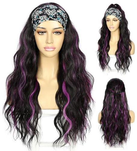 Sapphirewigs Fascia per Capelli Ondulata con Evidenziature Nero Viola Parrucca Sintetica Lunga Ondulata per Donne Senza Colla Aspetto Naturale 150% Densità 66 cm