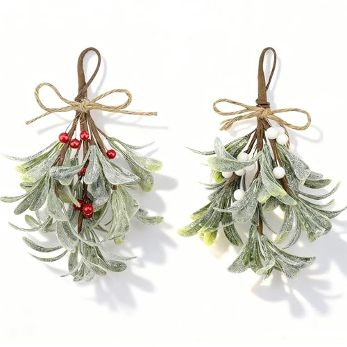 Jadeunm Pack of 2 Christmas Mistletoe Decoration, Artificial Mistletoe Branches, 23 cm Glitter Mistletoe Decoration with White Red Berries Christmas Tree Accessories