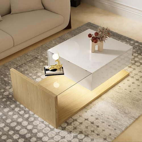 PUGSDRLY Table Basse 105 × 55 × 32,5 cm avec Plateau en Verre Trempé, Blanc Brillant et Couleur Naturelle avec Tiroir et Éclairage LED, Meuble de Rangement pour Salon Moderne (Natural)