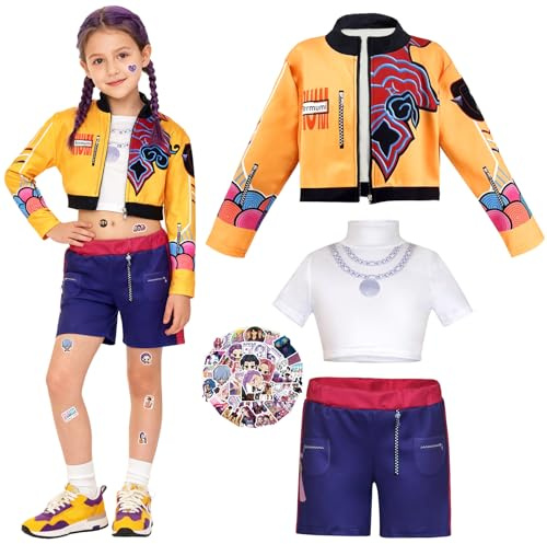 Demon Hunters Costume for Kids Girls Cosplay, Pop Singer Idol Dress with Hunter Stickers Suitable for Birthday, Stage Shows for Cosplay World Book Day Carnival Party Fancy Dress Up Age 2-14 Years