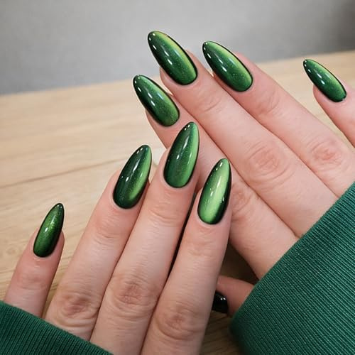 Short Almond Press-On Nails, Green-To-Black Shimmer, Assorted Widths | Glossy Finish, Bright Centres With Deep Edges, Coordinated Manicure Styling For Parties, Events And Everyday Wear