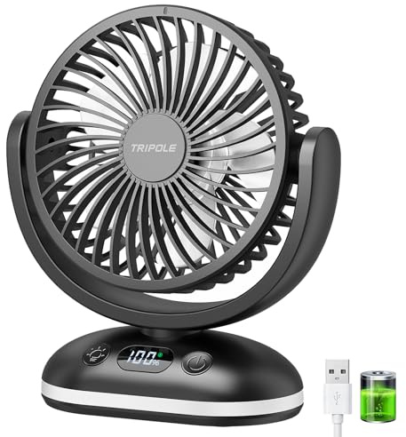 TriPole 4000mAh Rechargeable Desk Fan 31H Runtime, 4 Speed Portable USB Fan with LED Display, Battery Operated Ultra Quiet Table Fans, Head Adjustable for Office, Bedroom, Camping, Travel (Black)
