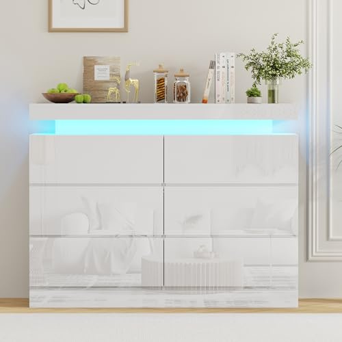 BSTSEL White High Gloss Chest of Drawers, 3/5/6/7/8/9 Drawers Chest, Large Storage Space for Living Room and Bedroom Bedside Table Cabinet with 16 Colours RGB Lights (6 Drawers White High Gloss)