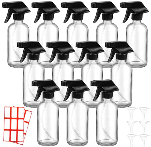 OGMBI 12 Pack 230ml Clear Glass Spray Bottles with Trigger Sprayers | 6 Funnels, Labels, Adjustable Mist/Stream Nozzle, Reusable Glass Containers for Cleaning, Plants and Essential Oils