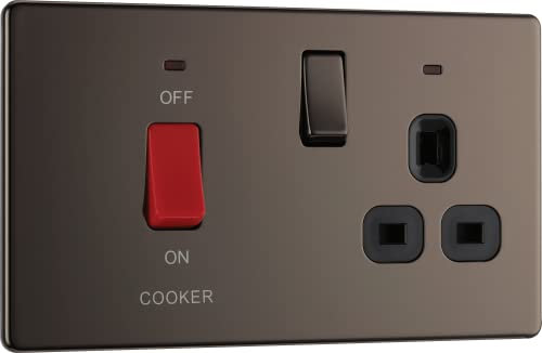 BG Electrical Cooker Switch with Socket and LED, Cooker Control Unit, Control Socket, Double Pole, Screwless Front Plate, Slim Profile, Premium Flatplate, Black Nickel, 45A, FBN70B