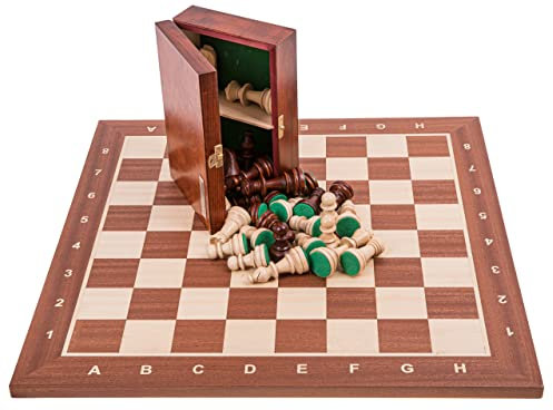 Square - Pro Turnier Schach Set Nr. 5 Mahagoni + 2 Extra Damen - Schachbrett + Schachfiguren Staunton 5 + Kasten - Schachspiel aus Holz