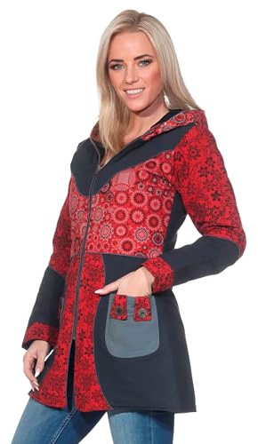 Kunst und Magie Damenmantel mit Kapuze Blumenmuster Jacke Baumwolle, Größe Damen:42, Farbe:Schwarz/Rot