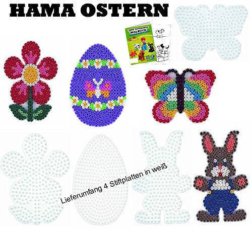 HAMA Stiftplatten-Set midi Ostern Osterei + Schmetterling + Häschen + Blume + Malheft