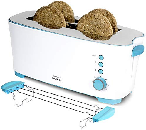 Cecotec Tostadora Toast&Taste 2L. 1350 E, 7 Niveles de Potencia, Capacidad para 4 Tostadas, 3 Funciones (Tostar, Recalentar, Descongelar) Incluye Soporte Panecillos, Bandeja Recogemigas