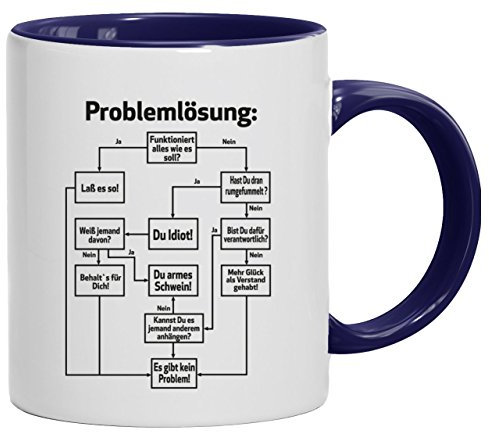 Lustige Geschenkidee Bürohumor Büro Kaffeetasse 2-farbige Tasse Problemlösung, Größe: onesize,weiß/blau