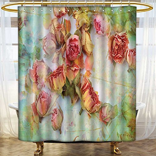 AmaPark Rideau de douche en tissu lavable avec roses sèches et fond vintage anti-moisissure pour éviter la détérioration