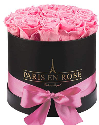 PARIS EN ROSE Rosenbox | mit 14 rosa Infinity Rosen Größe XL | konservierte ewige Rose | schwarze Box mit Schleife | 3 Jahre haltbar | Grußkarte