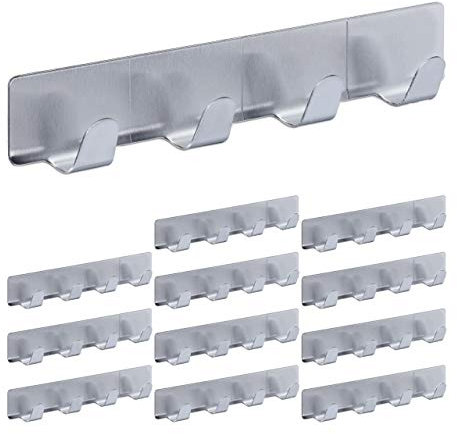 Relaxdays 12 x Hakenleiste selbstklebend, je 4 Handtuchhaken, Edelstahl, Bad und Küche, 16 cm, Schlüsselhaken zum Kleben, Silber