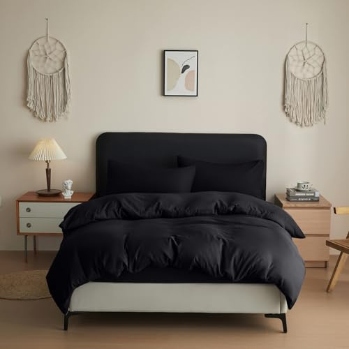 Anti-Allergy Anti-Bacterial Brushed Soft Touch Microfibre Duvet Cover & Pillowcase/s Bedding Bed Linen Set (Black, Double)