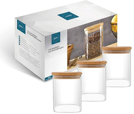 Kadum 750 ml Quadratische Vorratsgläser mit Bambusdeckel 3er Set | Eckige Luftdichte Vorratsdosen Glas | Aufbewahrung Pasta, Nudeln, Mehl | Große Gewürzgläser für Kaffee, Tee